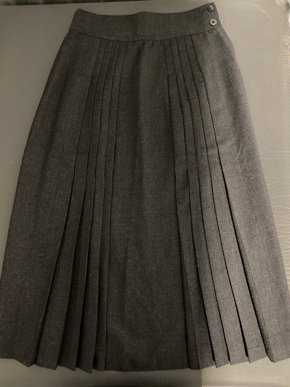 Vintage Charcoal Grey Pleated Midi Skirt - High Waisted Schoolgirl Style